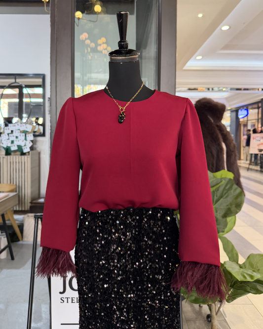 Feather Trim Top in Maroon