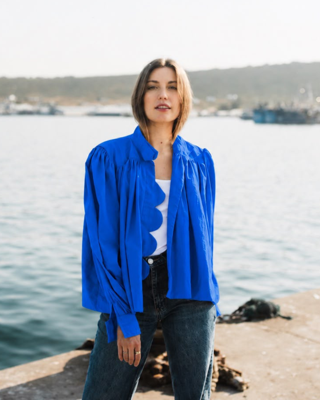 Dark Blue Mid Length Scalloped Jacket